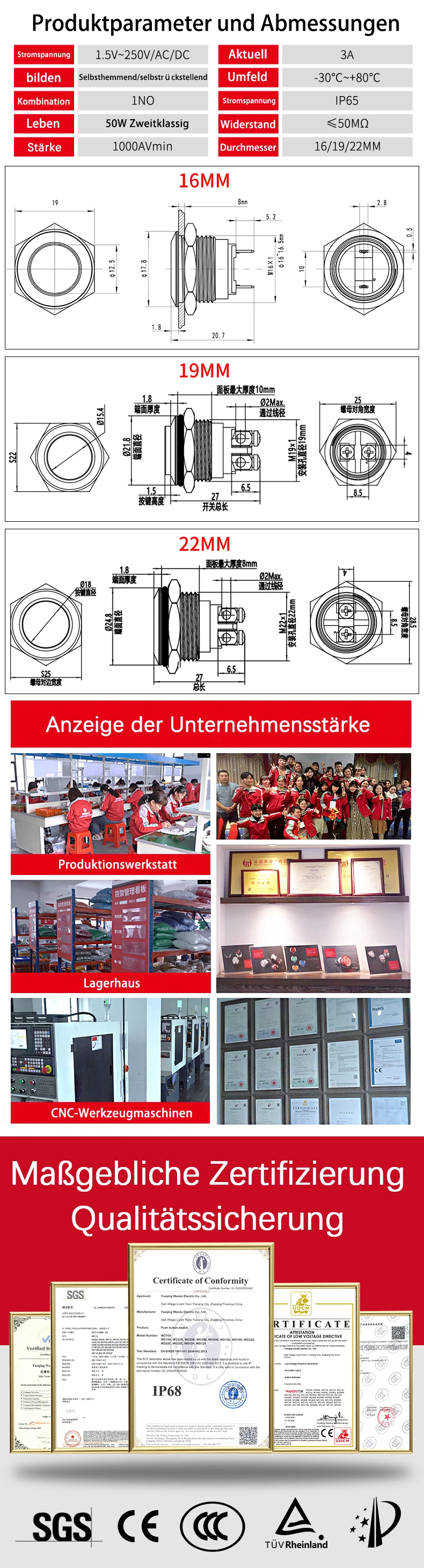 Rückstellbarer, unbeleuchteter Metall-Drucktastenschalter der H-Serie