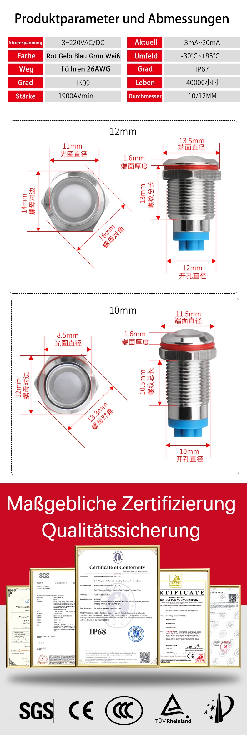 Vieradrige dreifarbige Metall-Kontrollleuchte der Serie WD10/12L