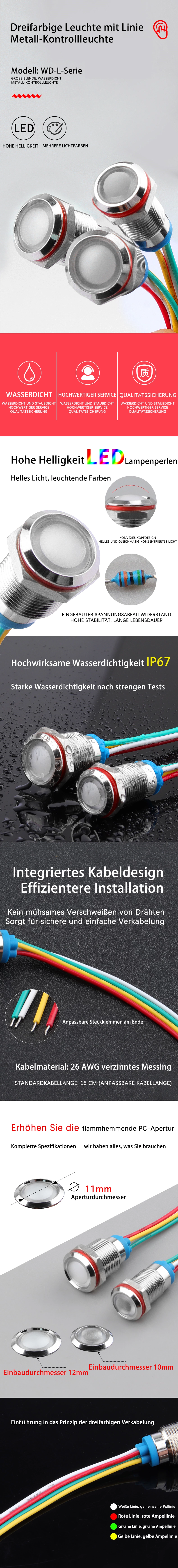 Vieradrige dreifarbige Metall-Kontrollleuchte der Serie WD10/12L