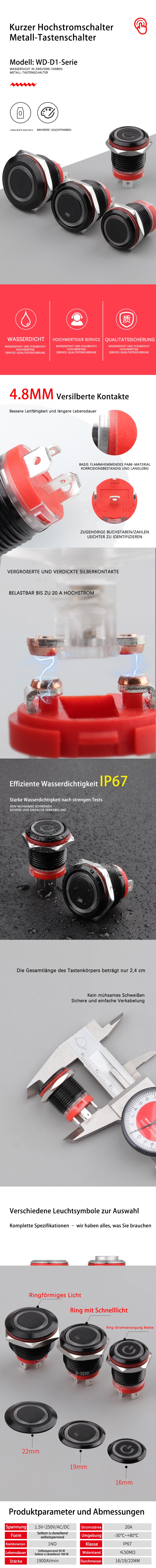 Schwarzoxid-Hochstrom-Metallknopf der Serie WD-D1