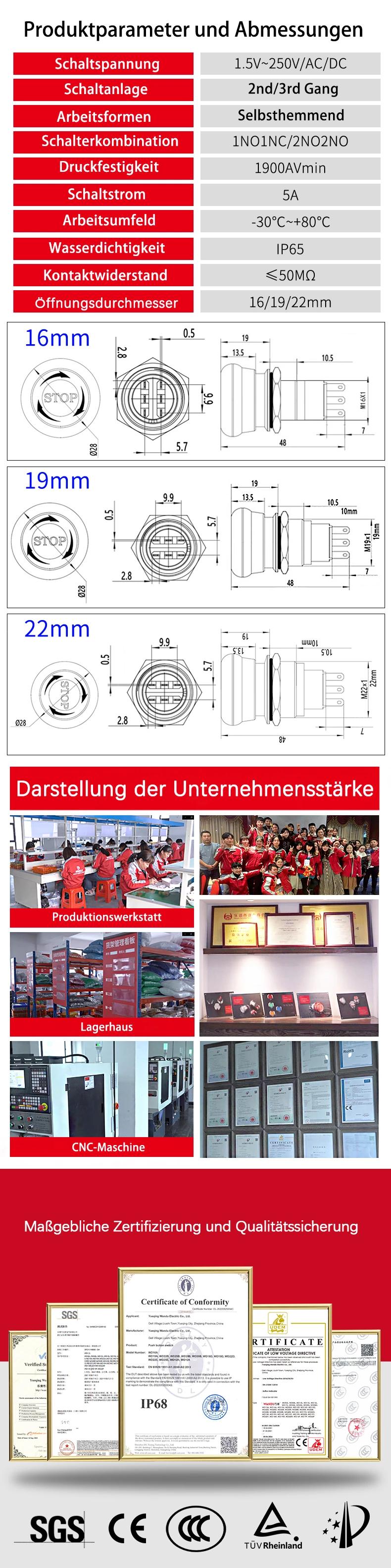 Metall-Not-Aus-Schalter der Serie WD16/19/22M