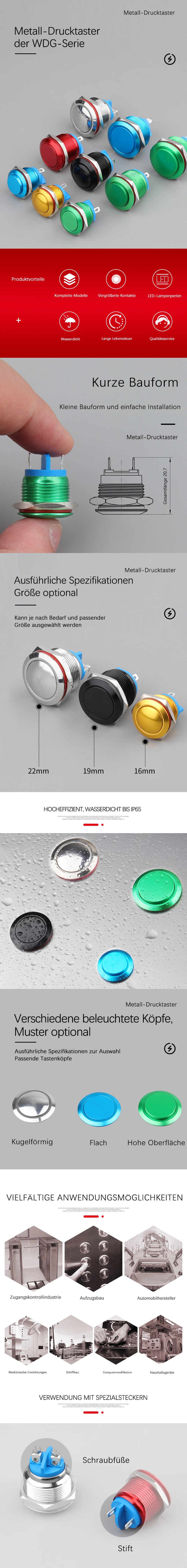 Rückstellbarer, unbeleuchteter Metall-Drucktastenschalter der H-Serie