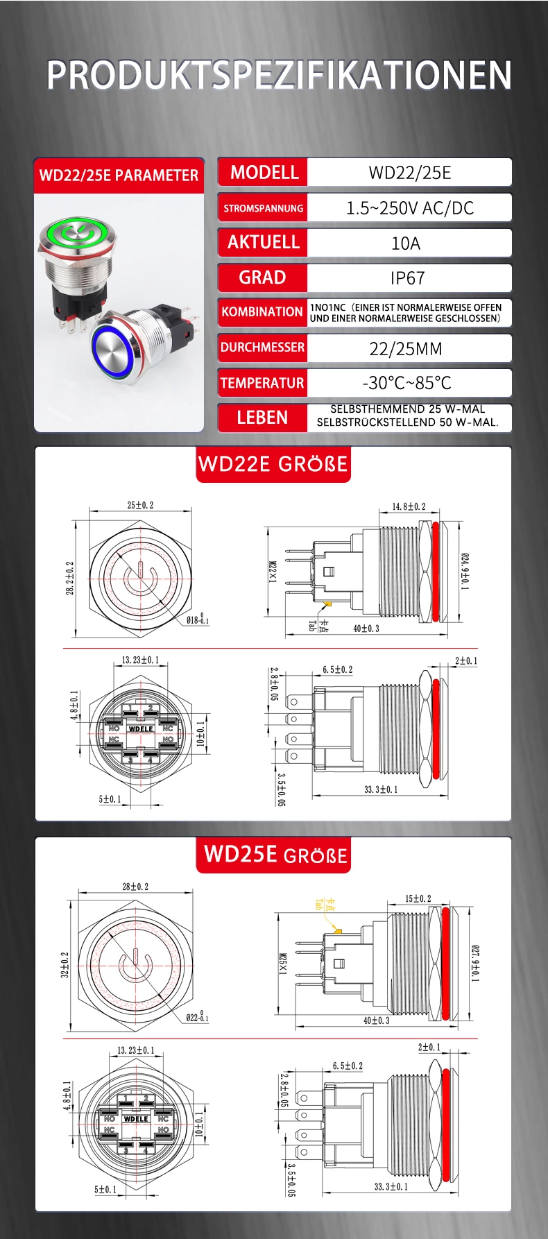 Hochstrom-Metalldrucktastenschalter der Serie WD-E